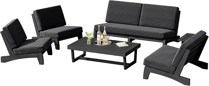 6 Piece Teak Outdoor Patio Frutnire Set, 7 Seater Patio Conversation Sets with Thick Cushions, Outdoor Sectional Furniture with Coffee Table - Dark Gray