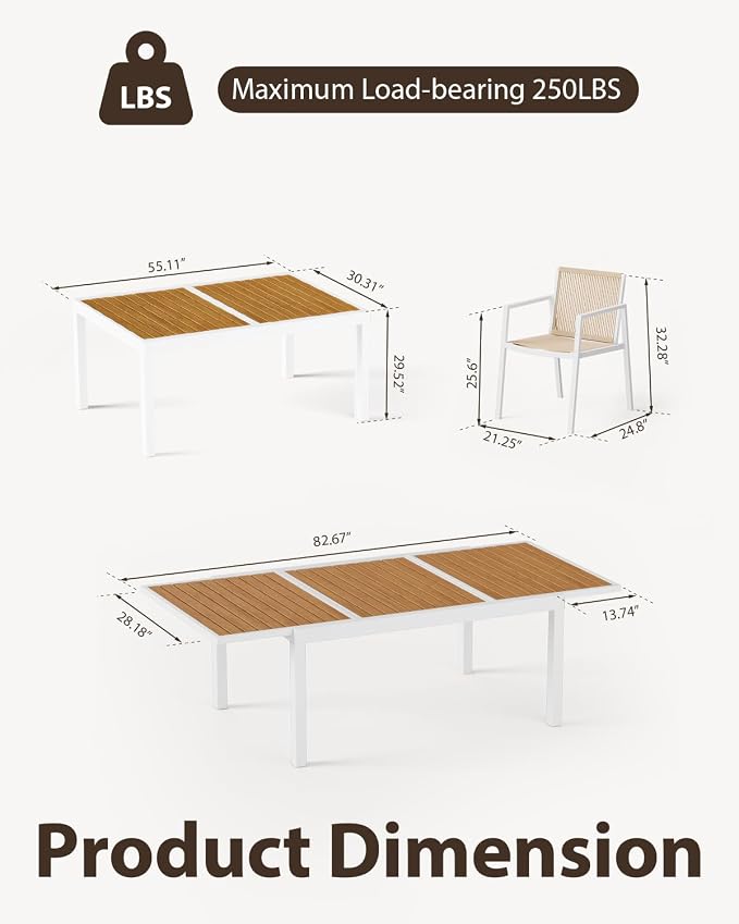 ZANDOR Expandable Patio Dining Table for 4-8 People, Aluminum Outdoor Square Table(55"- 82.7") with Safety Lock, Adjustable Height - Wood Grain for Backyard, Garden, Porch, Yard, Poolside,White