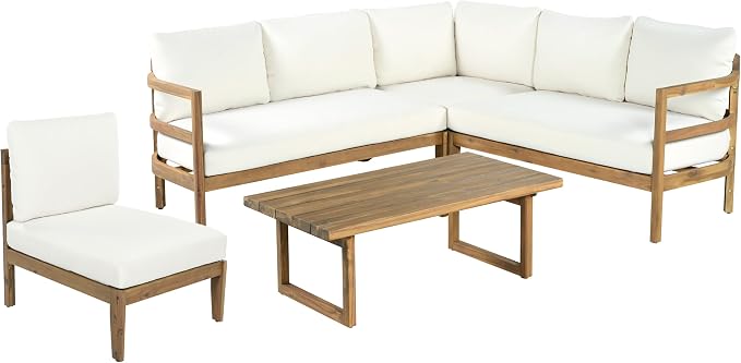 Merax Outdoor Acacia Wood 5-Seater Sectional Sofa Set with Cushions, Solid Wood Patio Modular Lounge with Corner & Table for Balcony, Deck, Porch, Garden, Beige + Light Brown