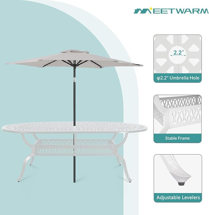 MEETWARM Outdoor 84" Oval Patio Dining Table, All Weather Cast Aluminum Large Patio Furniture Table Fits for 6-8 Person with 2" Umbrella Hole, White
