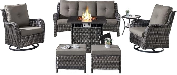 Belord Patio Furniture Set with Fire Pit Table,7 Piece Wicker Outdoor Furniture Set, Swivel Rocker Chairs with Ottomans and Sofa, All Weather Patio Conversation Set, for Pool,Yard,Gray Wicker/Gray