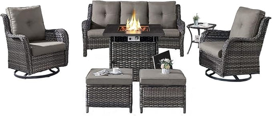 Belord Patio Furniture Set with Fire Pit Table,7 Piece Wicker Outdoor Furniture Set, Swivel Rocker Chairs with Ottomans and Sofa, All Weather Patio Conversation Set, for Pool,Yard,Gray Wicker/Gray