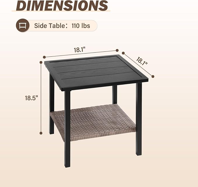 Sunset Escape Wicker Side Table, Rattan Outdoor End Table with Wood Grain Tabletop and 2-Tier Storage for Patio, Balcony and Garden, Black/Brown