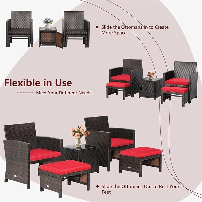 5PCS Patio Rattan Furniture Set Chair Ottoman Cushioned W/Cover Space Saving Red
