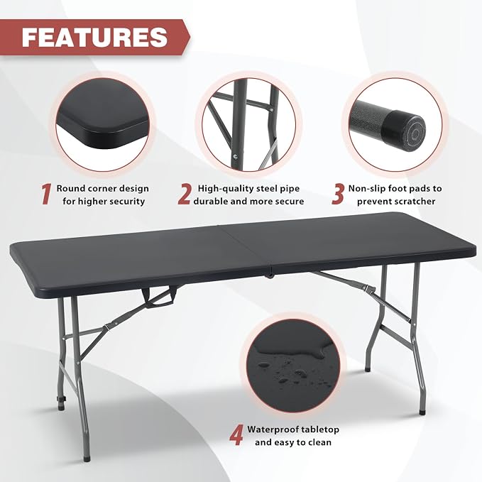 6FT Folding Table, Fold-in-Half Portable Plastic Table with Handle, Heavy Duty HDPE, 500 lbs Capacity, Waterproof & Scratch-Resistant, Locking Legs, Anti-Slip Feet for Indoor Outdoor Party Picnic