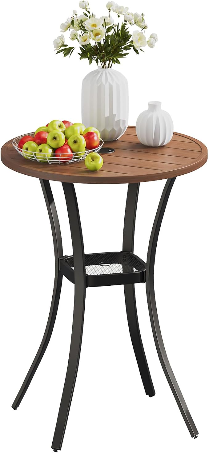 VICLLAX Outdoor Bar Table, 28" Wide Round Patio Bar-Height Table Weather Resistant Metal Slatted Tabletop with Umbrella Hole for Front Porch Deck, Backyard, Walnut