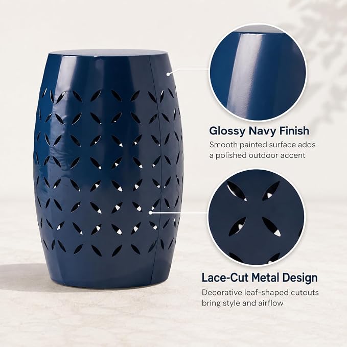 12" Outdoor Side Table, Metal Round Side Table, Multi Functional Decorative Cutout, Coffee Table, Night Stand, Plant Stand for Patio, Garden, Backyard, Gazebo Indoor (Dark Blue)