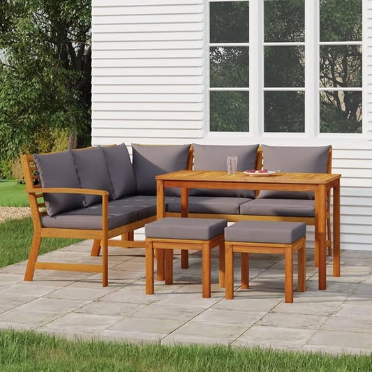 6 Piece Patio Dining Set with Cushions Solid Wood Acacia Outdoor Garden Furniture Wicker Table Bench Seats for Backyard Deck Lawn Entertaining