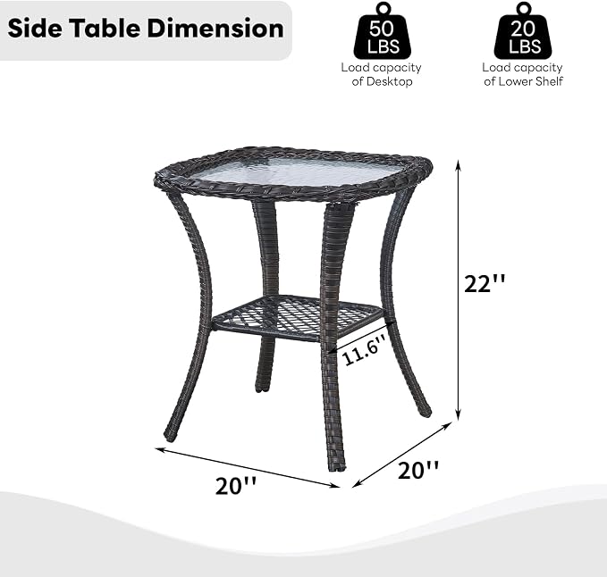 Belord Small Outdoor Side Table - Tempered Glass Wicker Table, Waterproof Patio Coffee Table Rattan End Table with Storage, Brown