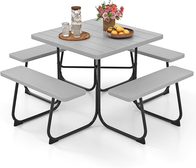 HAPPYGRILL 4-8 Person Square Picnic Table Bench Set with Umbrella Hole, Outdoor Camping Table with HDPE Material and Sturdy Metal Frame for Patio, Garden and Backyard, Gray