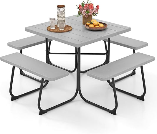HAPPYGRILL 4-8 Person Square Picnic Table Bench Set with Umbrella Hole, Outdoor Camping Table with HDPE Material and Sturdy Metal Frame for Patio, Garden and Backyard, Gray