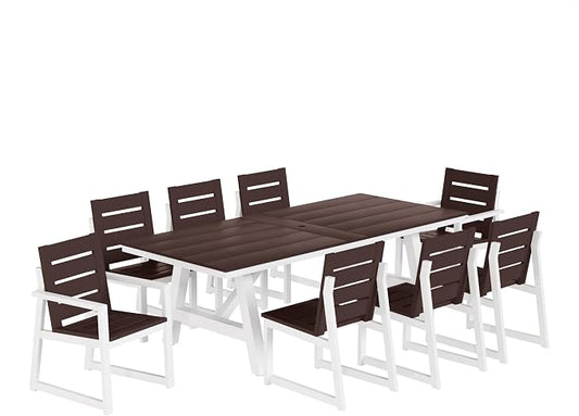 WestinTrends Cape May 9-Piece HDPE Outdoor Furniture Patio Dining Table with Umbrella Hole and Chairs Set for 8, Dark Brown