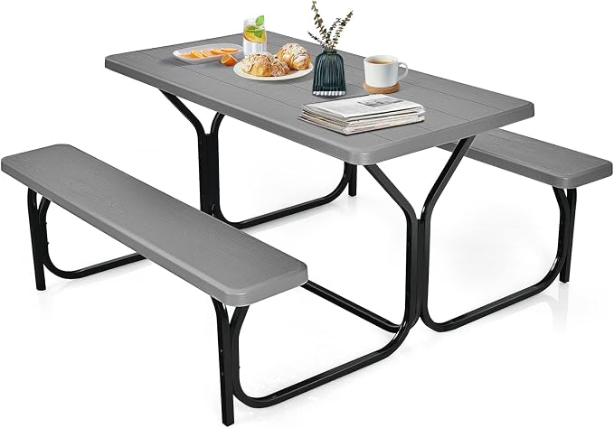 HAPPYGRILL Outdoor Picnic Table Bench Set with Metal Frame & All Weather-Resistant Surface, Camping Table Set for Patio Backyard Poolside Garden Dining Party