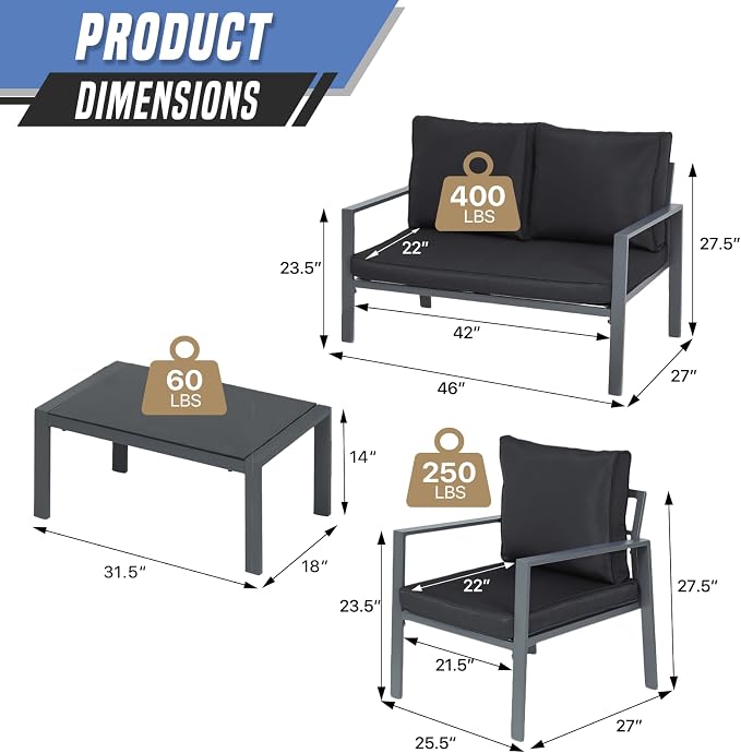 4-Piece Outdoor Patio Furniture Set, Steel Frame Patio Conversation Set with Tempered Glass Side Table for Home, Yard, Poolside