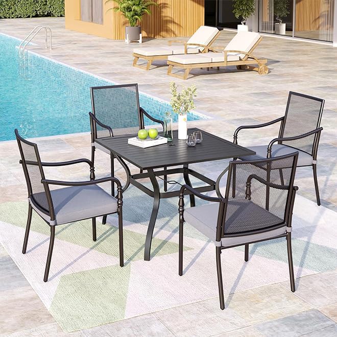 MIXPATIO 5 Piece Patio Metal Dining Set, Outdoor Table and Chairs for 4, Powder-Coating Steel Chairs with 4" Thickened Cushions, 37" Square Metal Table with 1.57" Umbrella Hole for Deck, Backyard