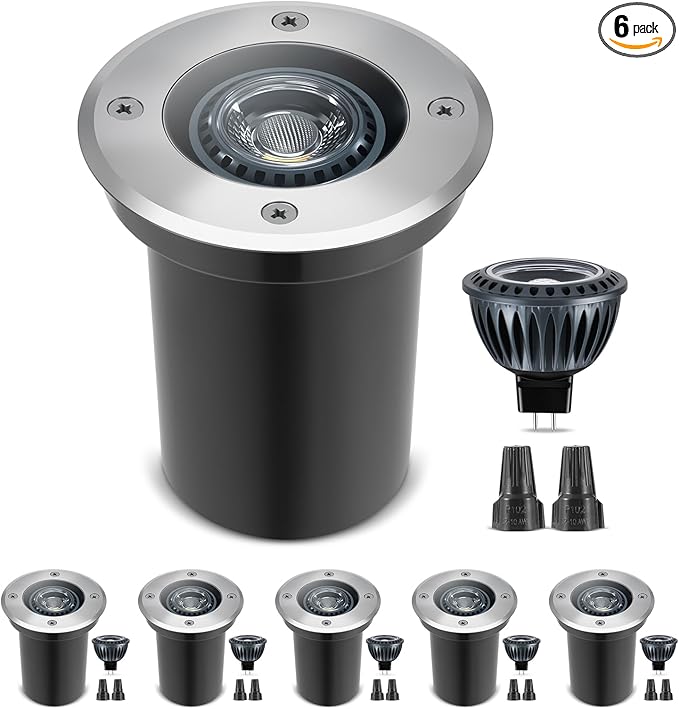 Low Voltage Landscape LED Well Lights, 12V in Ground Lights Outdoor IP67 Waterproof, 5" Tall Wired Landscape Up Lighting, Included Replaceable 5W 2700K MR16 Bulb Dimmable, 6 Pack