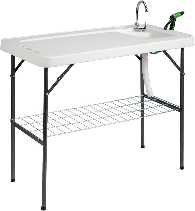 VINGLI Upgarded Folding Fish Cleaning Table with Sink, Portable Camping Sink Table with Grid Rack & Sprayer, Fish Fillet Cutting Table with Drainage Hose for Patio Backyard BBQ…