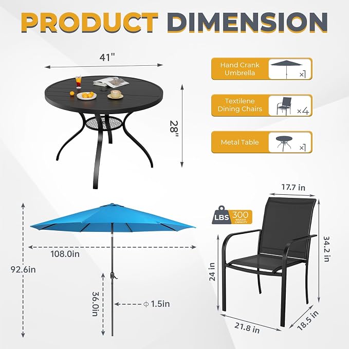 Incbruce 6 PCS Patio Dining Set with Sky Blue Umbrella, Outdoor Dining Set of 4 Textilene Chairs and 41" Round Table with Umbrella Hole for Backyard, Garden, and Poolside (Black)