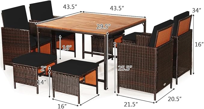 RELAX4LIFE 9-Piece Outdoor Dining Set - Wicker Rattan Patio Furniture w/Acacia Wood Tabletop, Soft Seat & Back Cushions, Dining Table & Chair Set for Backyard, Poolside (Black)