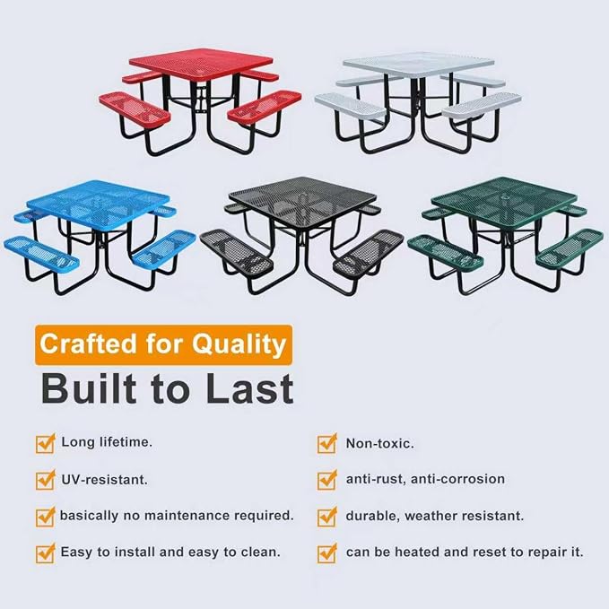 46-Inch Square Outdoor Picnic Table – Commercial Heavy-Duty Steel Dining Table with Thermoplastic Coating, Weather & Rust Resistant, Ideal for Parks, Patios, Schools, Campgrounds (Blue)