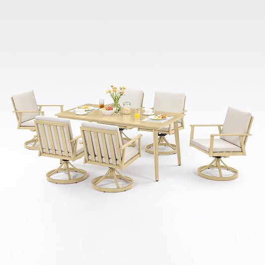 7 Pieces Outdoor Dining Set, Never-Rust Aluminum Patio Swivel Dining Set with Umbrella Hole, 360° Rotation Outdoor Patio Furniture Set, 6 Swivel Chairs and Table for Decks, Pool, Maple Wood