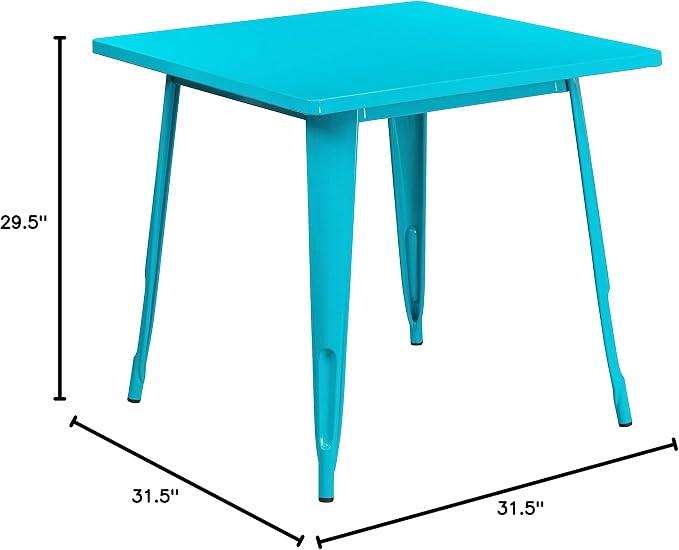 Merrick Lane Nash Indoor-Outdoor Dining Table Only - Crystal Blue-Teal Powder Coated Finish - 31.5" Square Top - 27.25" Wide Base - Bracing for Added Stability