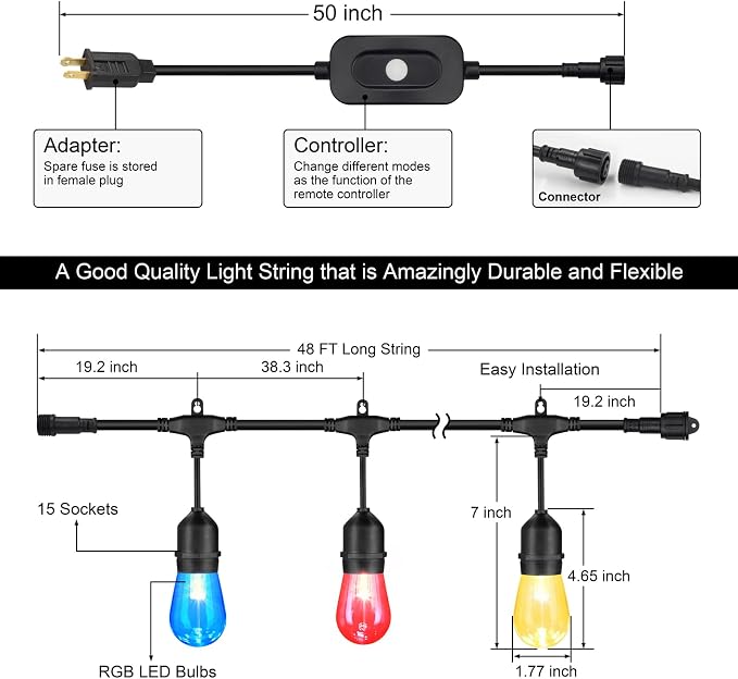 48FT Outdoor Patio RGB Cafe String Lights with Remote, Black | Plug in, 8 Lighting Modes, 15+2 S14 LED Edison Bulbs, Dimmable, Shatterproof, Waterproof, Linkable, for Christmas Party Yard