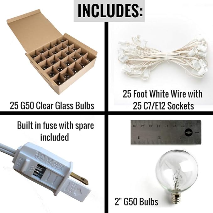 G50 Clear 2 Inch Light Bulbs with C7 Stringer 18 Gauge (White Wire, 25')