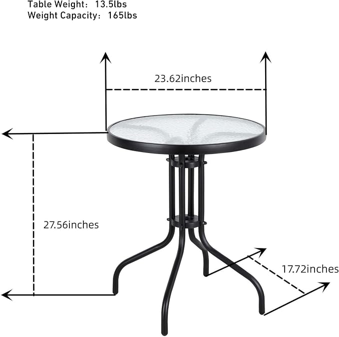 Outdoor Round Glass Small Patio Table, Tempered Glass Top with Rust-Resistant Metal Frame, Small Bistro Coffee Table for Balcony, Garden, Patio