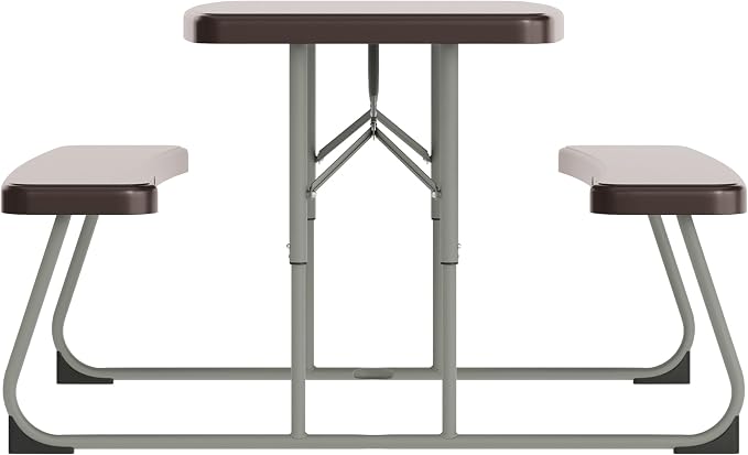 Flash Furniture Paige Easy-Fold Kids Outdoor Picnic Table and Benches - Commercial Grade Folding Plastic Play Table - Recommended for up to Age 5 - Brown