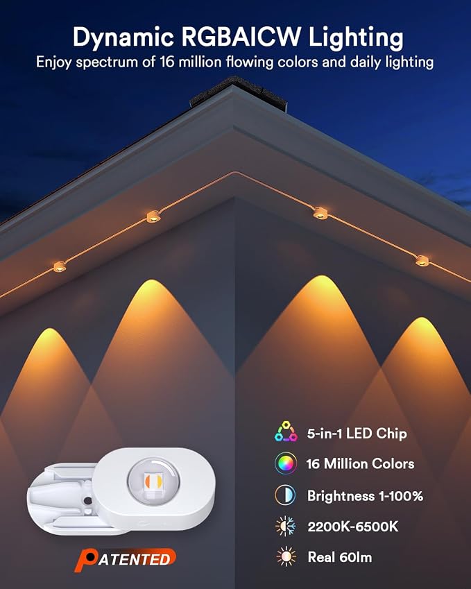 Lumary Permanent Outdoor Lights 2 with Remote, 150ft RGBAICW Outdoor Lights | 16 Million Color, IP 67 Waterproof, Work with Alexa Google, 110+ Scene Modes for Outdoor House Patio Area, 90 RGBAICW LEDs