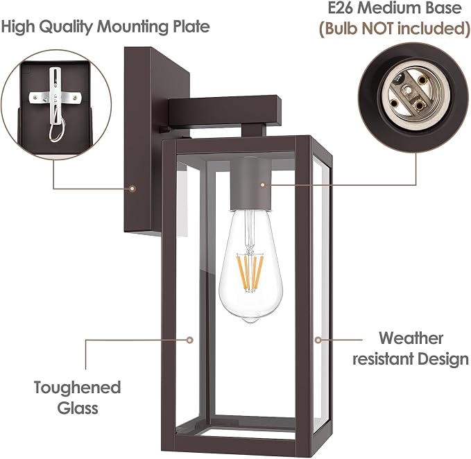 MAXvolador Outdoor Wall Sconce, Exterior Waterproof Wall Lantern Light Fixture, Dark Chocolate Porch Light Glass, Anti-Rust E26 Patio Lighting, 2 Pack | Dark Chocolate Porch Wall Lights, Anti-Rust, E26 Socket, Clear Glass Outside Wall Mount Sconces, Fr...