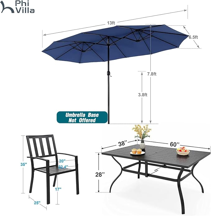 PHI VILLA 7 Pcs Patio Dining Set w/Umbrella, 6 Stackable Chairs | 60” Rectangular Metal Dining Table & 6 Stackable Metal Chairs & 13ft Large Navy Umbrella for Outdoor, Deck, Yard, Porch
