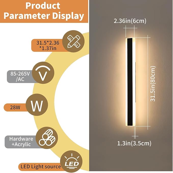 Modern Long Wall Sconces, 31.4inch Patio Wall Lights, 3000K Warm White Light, Black Minimalist Style, White Frosted Acrylic Panel, IP65 Waterproof Outdoor Wall Light Fixture for House, Garage, Garden