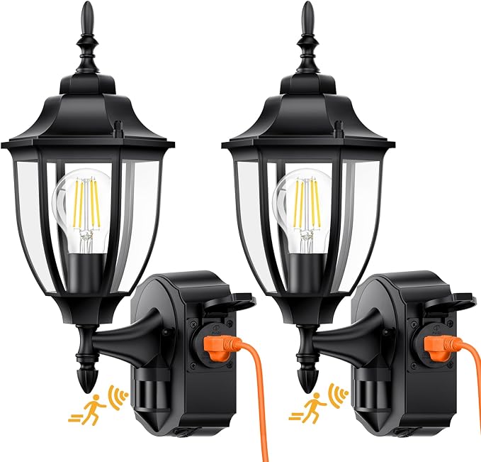 2 Pack Porch Lights with Outlet, Motion Sensor Outdoor Lights, Updated Dusk to Dawn Exterior Lighting Fixtures, Waterproof Anti-Rust Aluminum Outside Light for House Entryway Garage, Black
