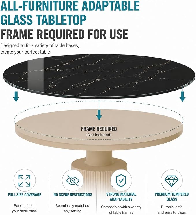 36" Round Tempered Glass Table Top, 5/16" (8mm) Thick, Marble Pattern Replacement, Heavy-Duty, Heat & Scratch Resistant for Coffee, Dining & Patio Tables, Black