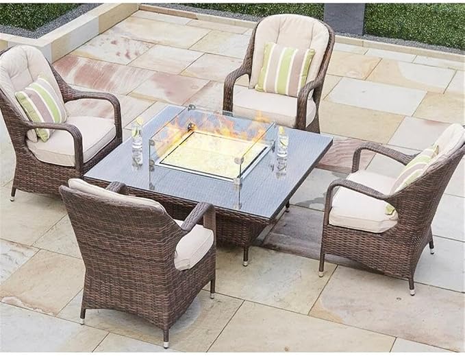 Brown Rattan 4 Seat Square Gas Fire Pit Set with Dining Chairs