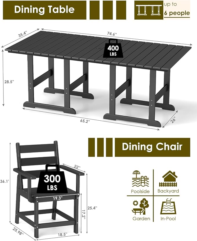 GREENVINES 7-Piece-Outdoor-Table-and-Chairs | HDPE | Patio Furniture | Dining Sets for 6 | Removable Armrests | All Weather | Connectable Tables | for Backyard Poolside Garden | Black