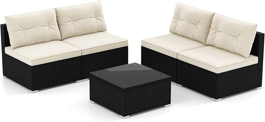 DORTALA 5 Piece Wicker Patio Furniture Set, PE Rattan Outdoor Sectional Conversation Set with Tempered Glass Coffee Table, 4 Chairs for Deck, Backyard, Poolside, Off White