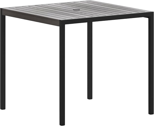 Flash Furniture Outdoor Steel Dining Table - Gray Wash Faux Teak Poly Slatted Top - Commercial Grade Dining Table with Black Frame - 35" Square - Umbrella Holder Hole
