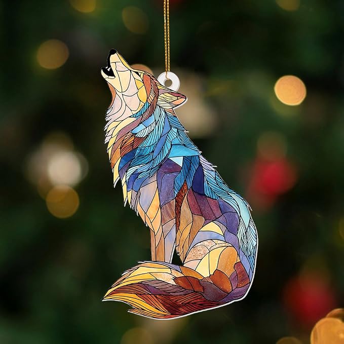 Wolf Stained Glass Ornament, Howling Wolf Window Hanging Acrylic Suncatcher, Wildlife Animal Decor for Home, Car Mirror, Office, Collectible Ornament Gift for Wolf Lovers (Sun-09)