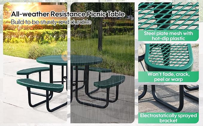 46 Inch Round Outdoor Metal Picnic Table, All-Weather Patio Dining Set for 6-8 Adults, Heavy Duty Steel with Central Umbrella Hole, Perfect for Garden, Backyard, Deck & Small Spaces - Easy Assembly