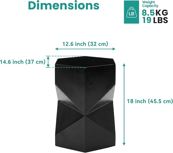 SUNBURY Outdoor Side Table, 18" Hexagon End Table Gloss Finish w Geometric Pedestal, Patio Concrete Accent Table Modular Design Decor, Lightweight Garden Stools for Balcony, Porch, Living Room, Black