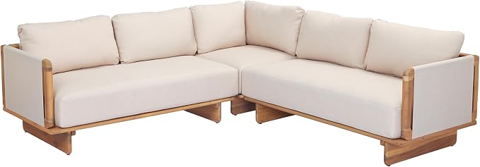 Merax 3 Piece Patio Outdoor Furniture Set, All-Weather V-Shaped Sectional Sofa with Cushions, Acacia Wood 5-Seater Couch Set for Porch, Lawn, Backyard, Balcony, Light Teak+ Beige