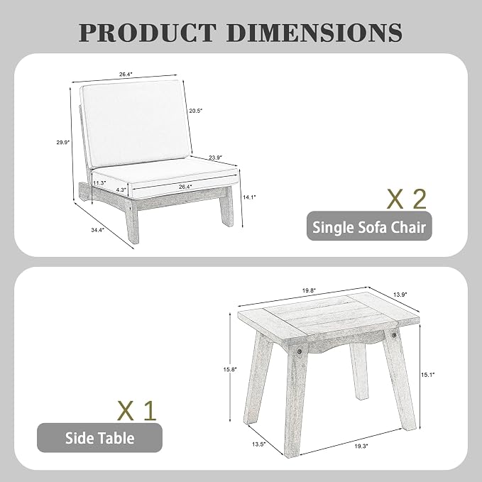 3 Piece Wood Patio Chair Outdoor Bistro Set, All Weather Outdoor Furniture Patio Sofa Chair Backyard Seating Group Conversation Sets with Wooden Side Table, Gray