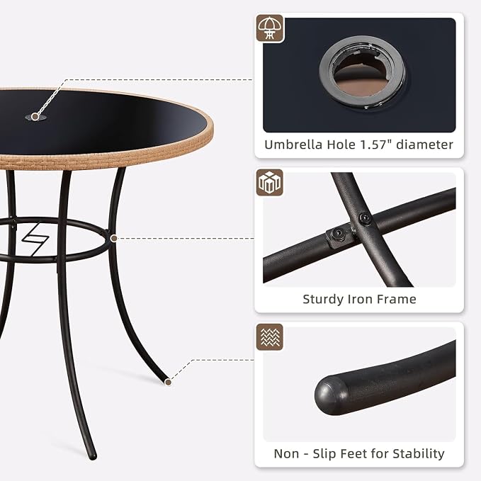 ECOTOUGE 5 Piece Patio Dining Set, Wicker Outdoor Furniture Set w/Glass Table, 4 PCS Chairs w/Waterproof Cushions for Backyard Garden Deck (Grey/Black, Round)