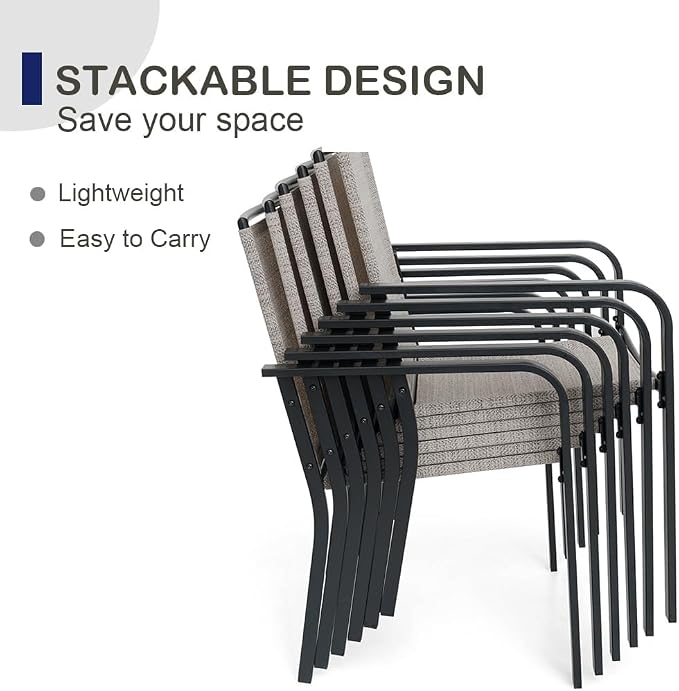 Anmutig 3-Piece Outdoor Dining Set, Small Metal Bistro Table with 2 Stackable Sling Chairs, 27.5 x 27.5 Inch Round Table, Grey Fabric