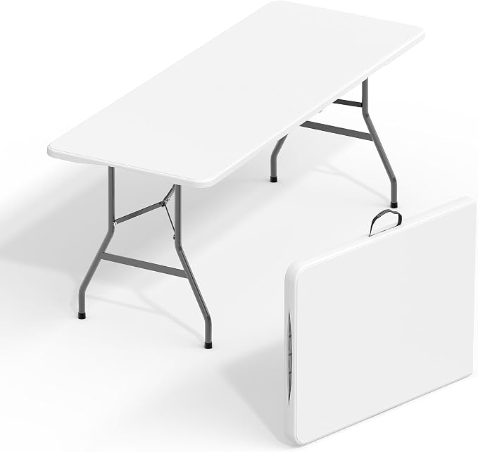 Garvee 6FT Portable Folding Table, HDPE Plastic Foldable Table with Carry Handle for Camping, Parties, Picnic & Events Indoor Outdoor，White