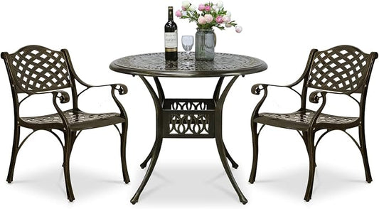 VIVIJASON 3-Piece Patio Furniture Dining Set, All-Weather Cast Aluminum Outdoor Bistro Set, Include 2 Chairs and 35.4" Round Table w/Umbrella Hole for Balcony, Lawn, Garden, Backyard
