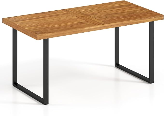 Tangkula 63" Acacia Wood Patio Dining Table for 6 People, Indoor Outdoor Wooden Rectangular Dining Table with Heavy-Duty Metal Legs & 1.97" Umbrella Hole, Patio Dining Table for Deck Garden, Backyard